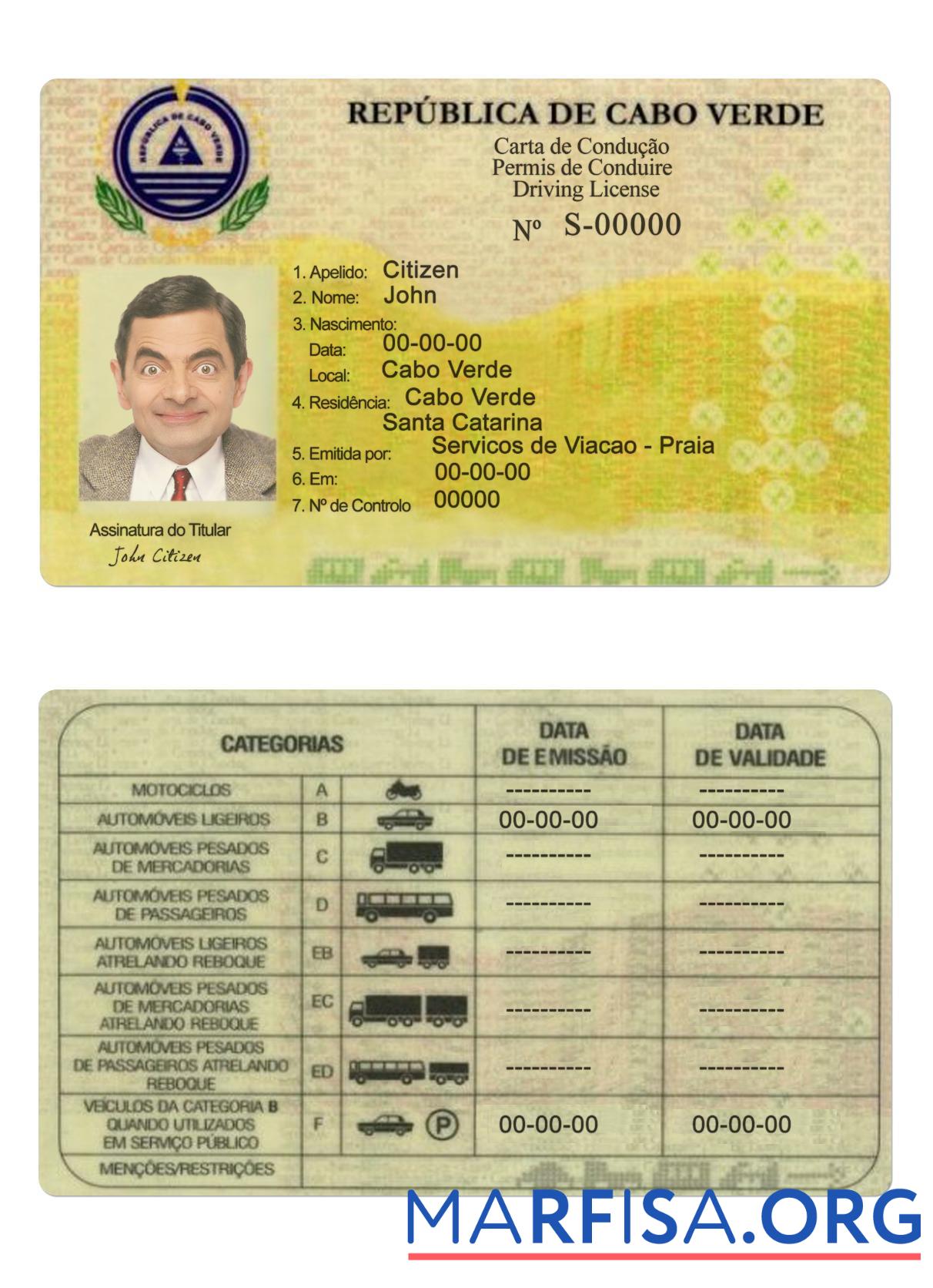Realistic Cabo Verde driving license example
